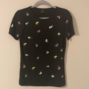 Ann Taylor Floral Embroidered Black T-Shirt